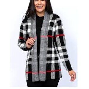 Leo & Nicole Sweater Cardigan Women's 1X Red Black Plaid Open Acrylic Preppy
